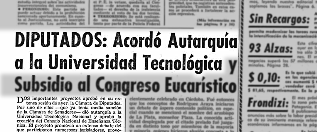 Extracto de portada - (Diario Clarín 15/10/1959- Edición Matutina) UTN Rectorado Noticias Secretaría Académica Formación docente